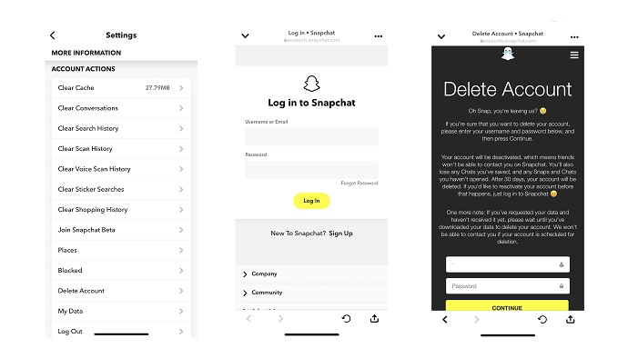 snapchat delete account 