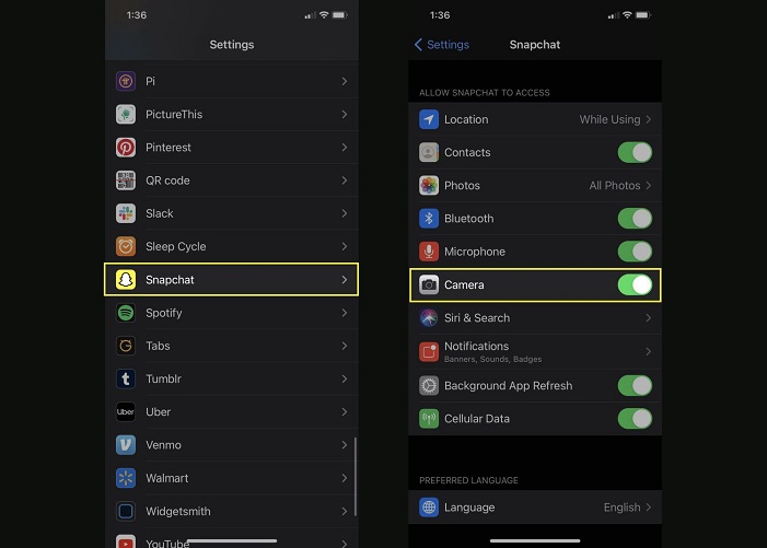 how to allow camera access on snapchat 