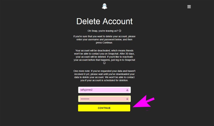 snapchat delete account 